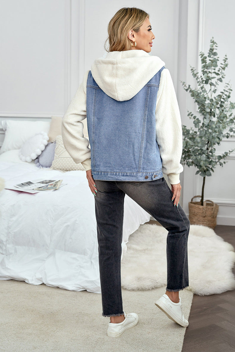 Casual Women's Stitching Loose Hooded Denim Jacket