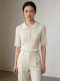 High-End Short-Sleeve Contrasting Color Lapel Knit Top