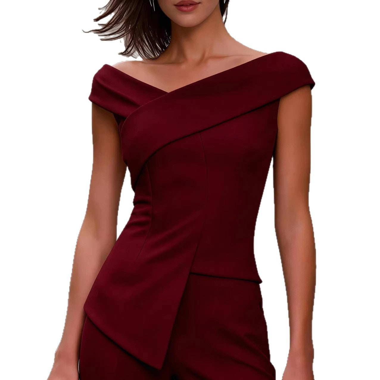 Maroon off-shoulder dress on a white background