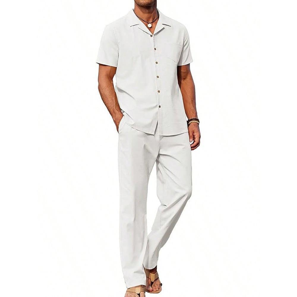 American-style Vintage Short-sleeve Shirt And Casual Trousers Two-piece Set