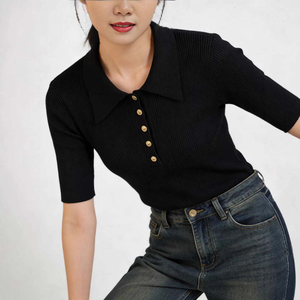 High-End Short-Sleeve Contrasting Color Lapel Knit Top