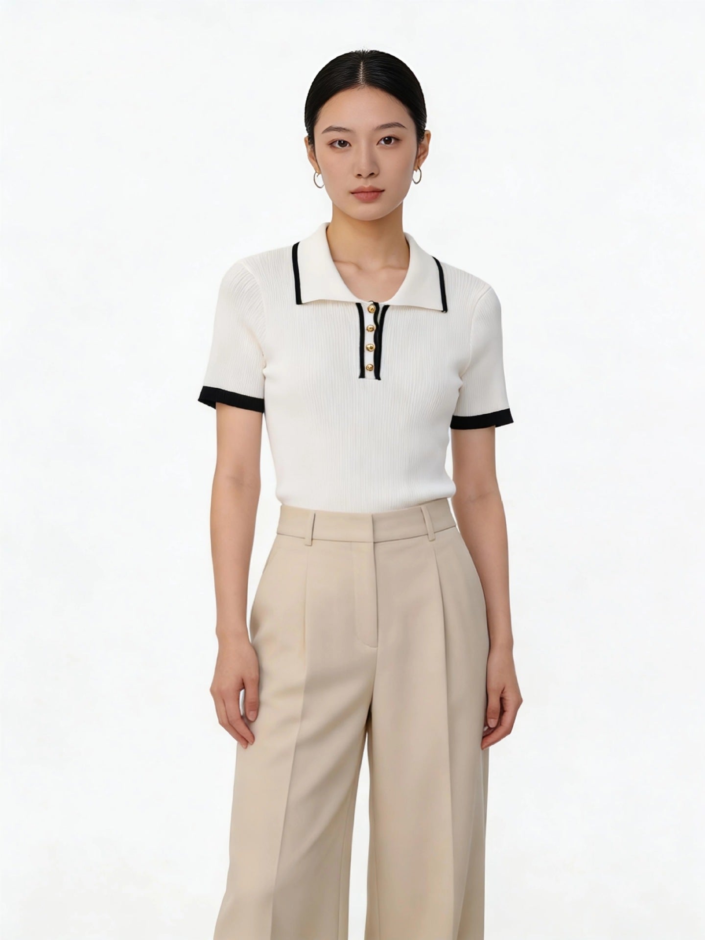 High-End Short-Sleeve Contrasting Color Lapel Knit Top