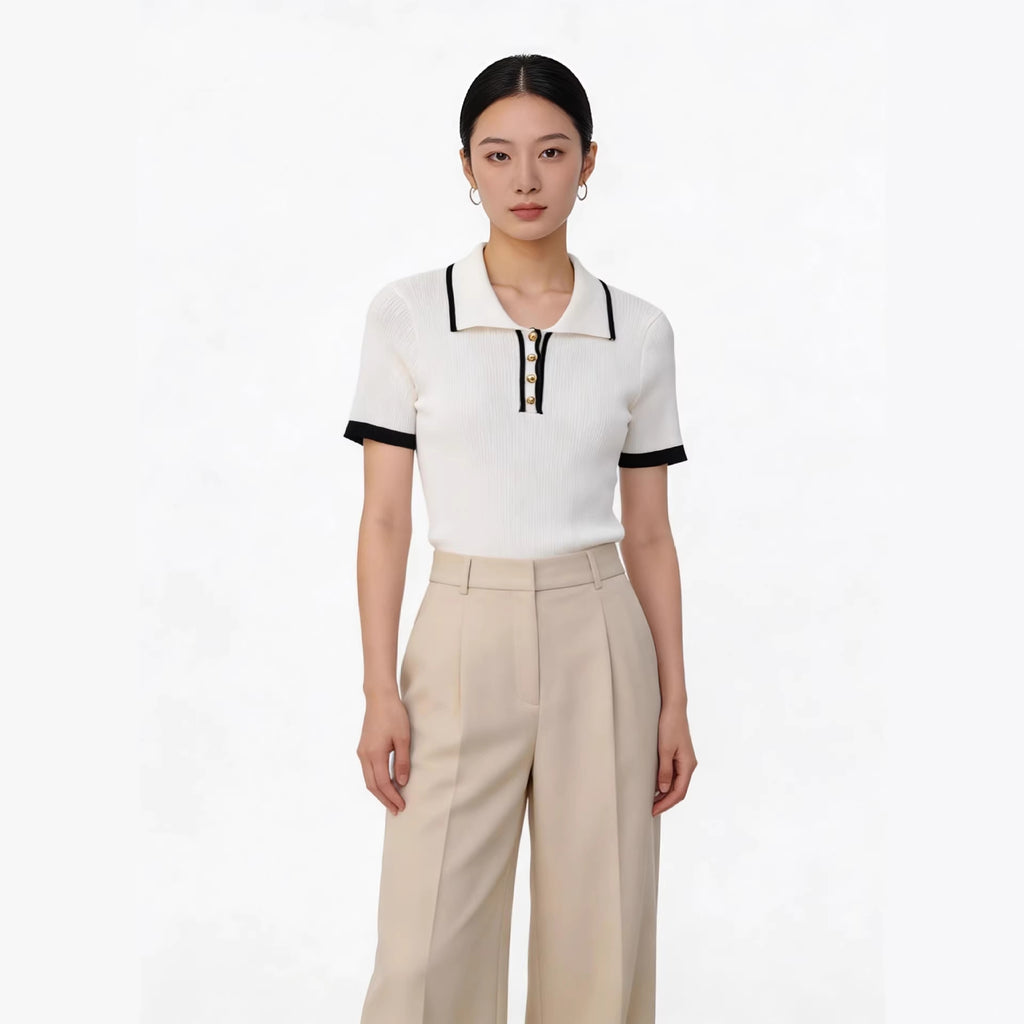 High-End Short-Sleeve Contrasting Color Lapel Knit Top