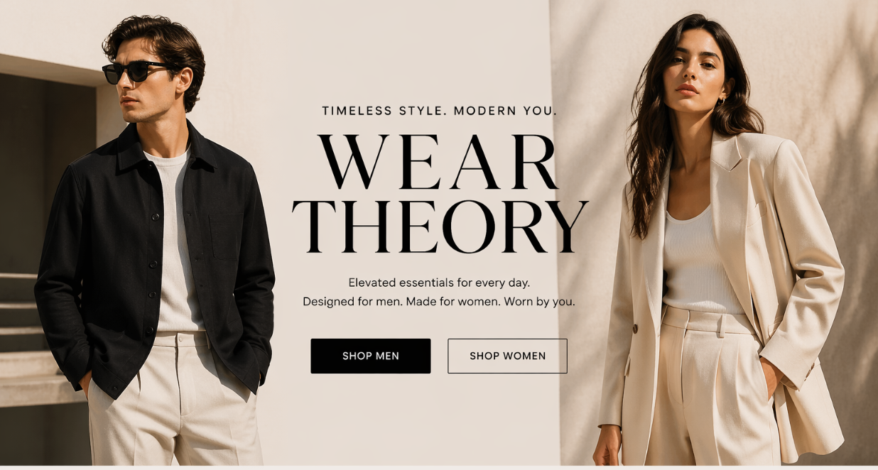 Wear Theory website with two models in stylish outfits and brand name displayed.
