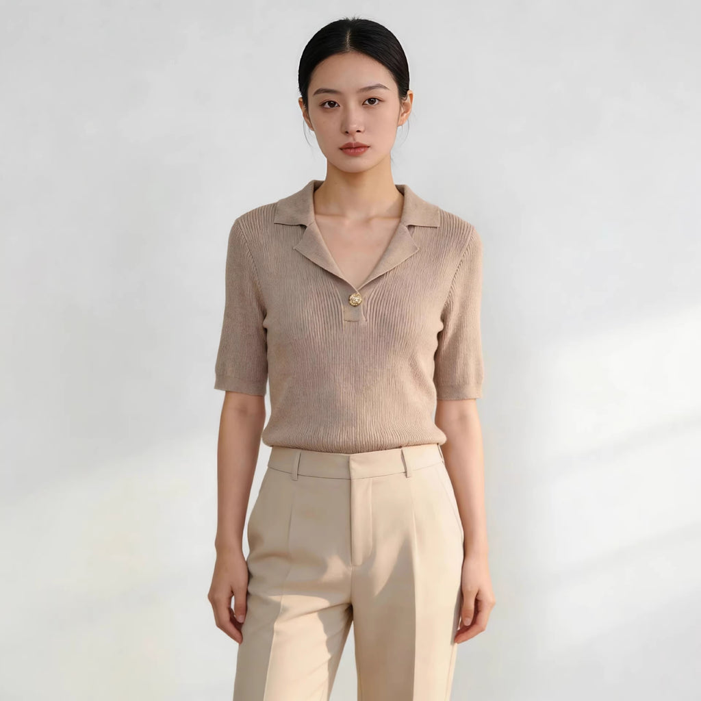 High-End Short-Sleeve Contrasting Color Lapel Knit Top