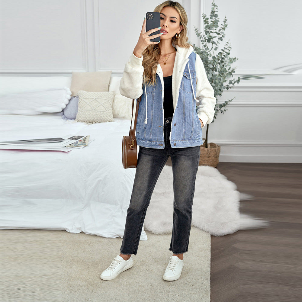 Casual Women's Stitching Loose Hooded Denim Jacket