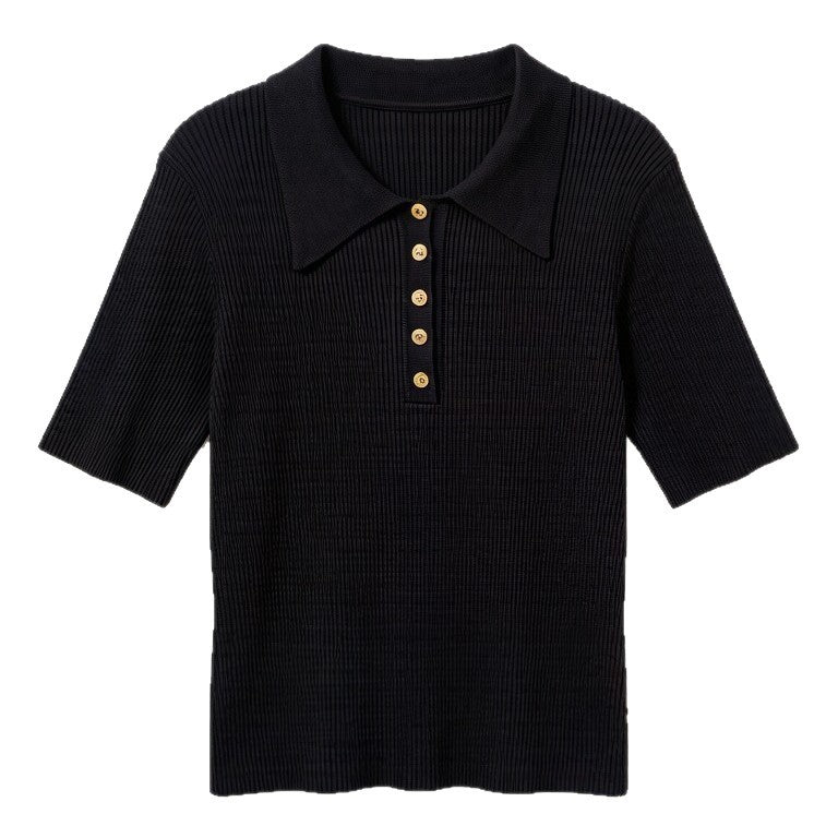 High-End Short-Sleeve Contrasting Color Lapel Knit Top